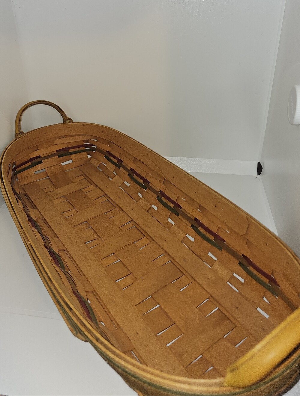 Longaberger Long Wood Basket With Leather Handles - EUC